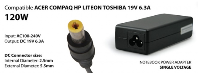 NBP24 - 120W AC Adapter Comp ACER COMPAQ 19V 6,3 5,5X2,5